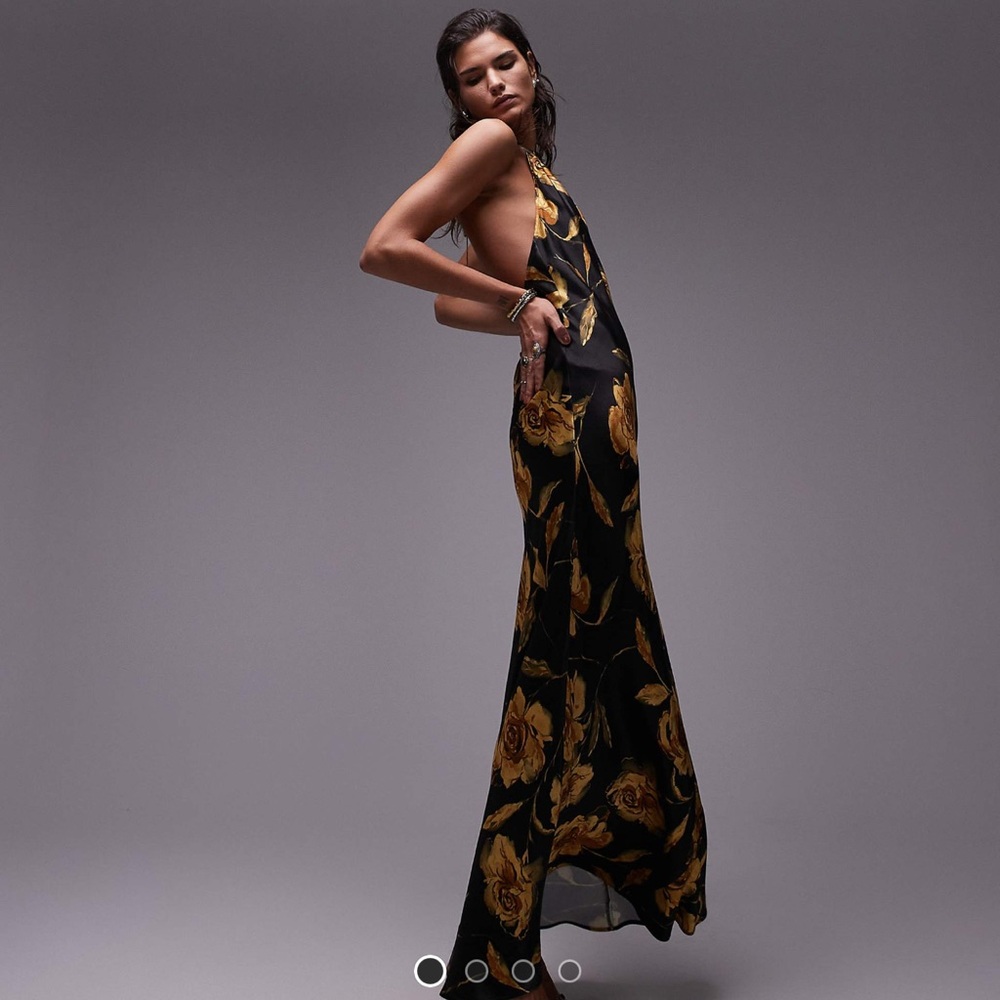 NWT! Topshop halter neck maxi bias dress in black & gold rose print